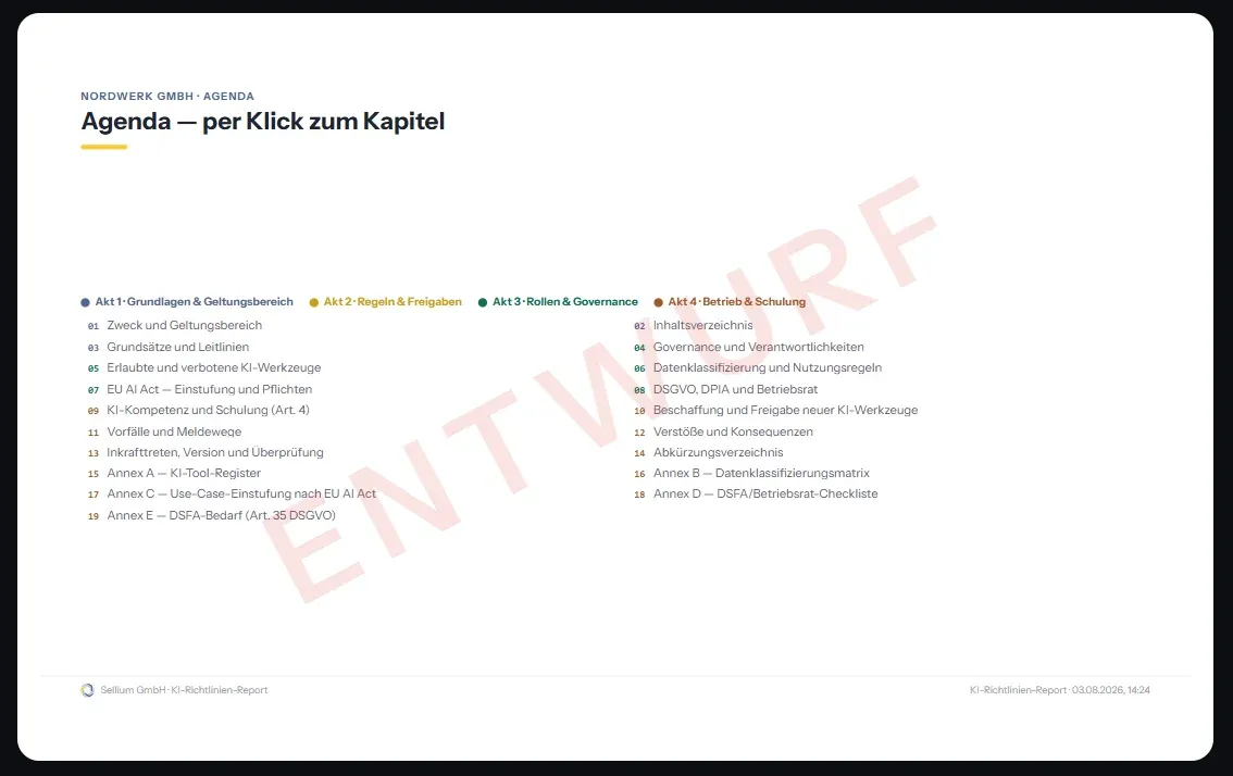 Agenda des KI-Richtlinien-Reports mit vier Akten